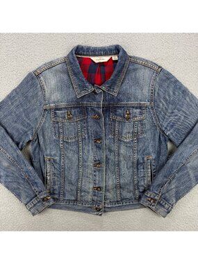 LL Bean Jacket Womens Small Petite Jean Denim Flannel Lined Trucker Biker Moto